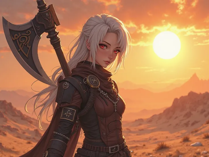 character: anime, female gender, white hair a little below the shoulders, Ruby eyes, Brown Leather, 1. 73 meters tall , opaque screen taver outfit, small tattoos on her skin and wears mysterious symbols, He carries a gigantic legendary axe made of massive ...