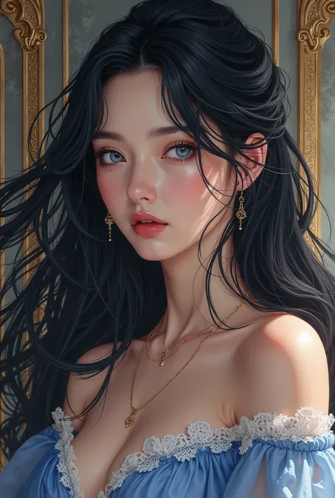 Manhwa or anime style, intimidating eyes, active, woman 25 years of age, blue eyes, black hair, a free spirit, royalty portrait theme half body portrait