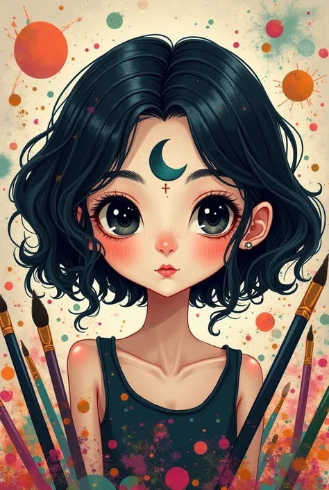 Create a white-skinned cartoon girl, Chachetona with black hair, super creative black eyes and moon on the forehead on the left with a background full of paint and brushes
