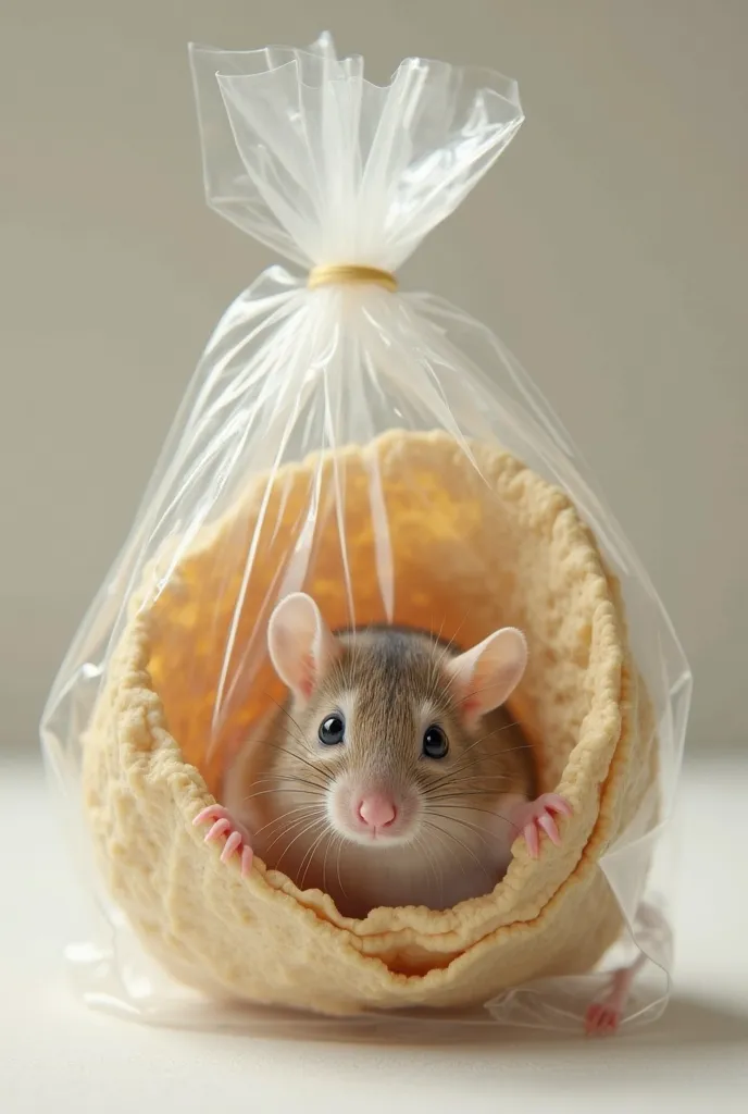 A mouse in a tortilla in a plastic bag