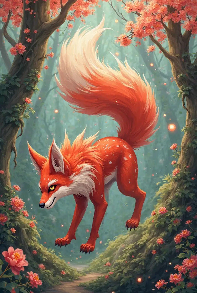 Create a new Miraculous character inspired by a red and white three-tailed fox 