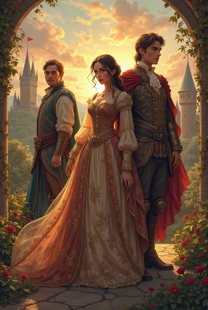 Make a cover for a story about a princess from the middle ages with a gentleman and a prince 