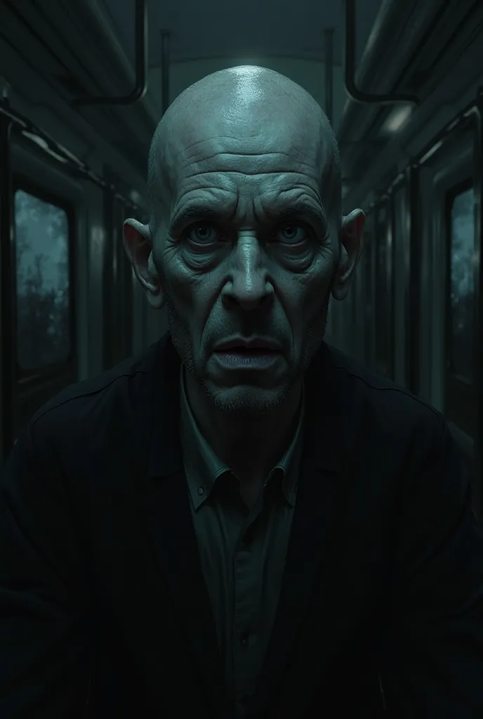 
Prompt: The eerie man with hollow eyes sits motionless, staring directly at the journalist without blinking. The dim train lights make his presence even more unnerving.