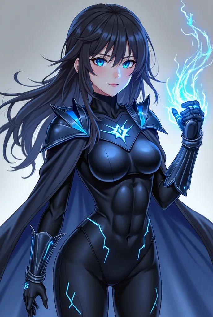 Anime girl Hair: Her usual dark brown hair turns jet black with glowing blue streaks resembling cracks of moonstone energy.
Eyes: Her irises shift to an intense ice-blue glow, reflecting the Moonstone's power.
Outfit: She wears a sleek, dark bodysuit with ...