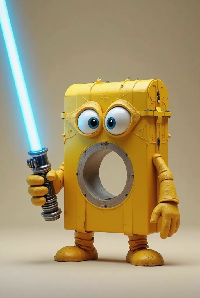 a yellow scotchtape with a hole in the middle, has eyes and hands and holds a blue lightsaber