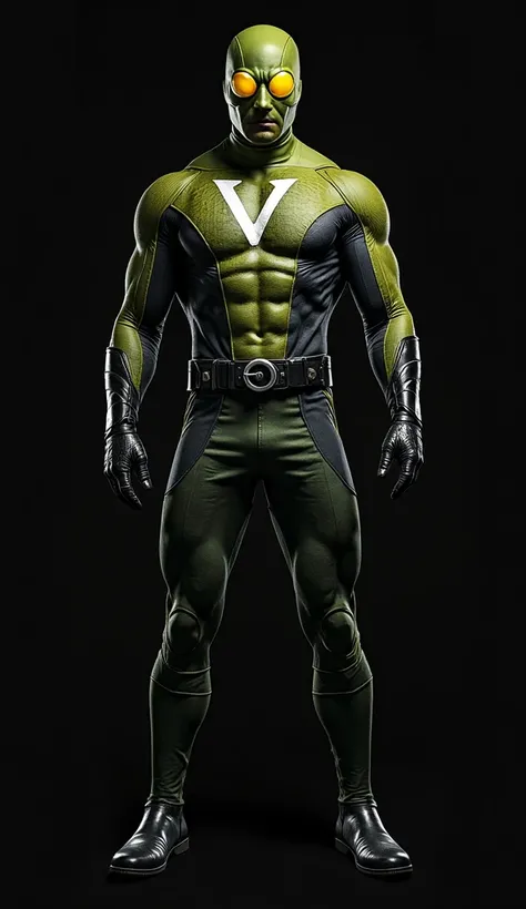 FULL BODY IMAGE, AN URBAN HERO WEARS AN OLIVE GREEN AND BLACK UNIFORM, ON HIS CHEST A SYMBOL REPRESENTED BY THE LETTER: "V" IN WHITE COLOR, HIS MASK COVERS HIS ENTIRE FACE, THE LENSES ARE COMPLETELY YELLOW AND ROUNDED, MARVEL STYLE, SOLID BLACK BACKGROUND.