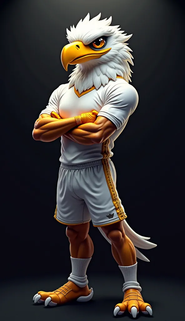 "A powerful eagle mascot for an e-sports team. The eagle has a fierce and determined expression, standing confidently with its arms crossed in a dominant pose. It wears a white uniform with gold details: a white jersey with gold side stripes, white shorts,...