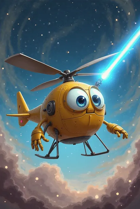 a yellow circular chopper with eyes and hands holding a blue lightsaber