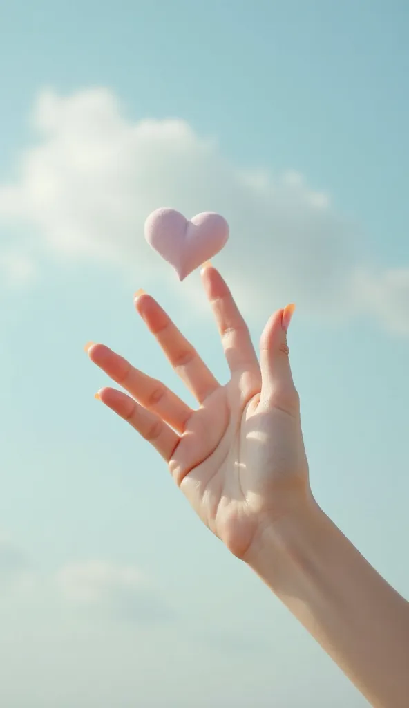 A delicate female hand gently holding a heart, towards the sky. The skin of the hand is smooth and well-groomed, with slender fingers and slightly rounded and natural nails. The background presents a soft blue sky with some light clouds, creating a serene ...