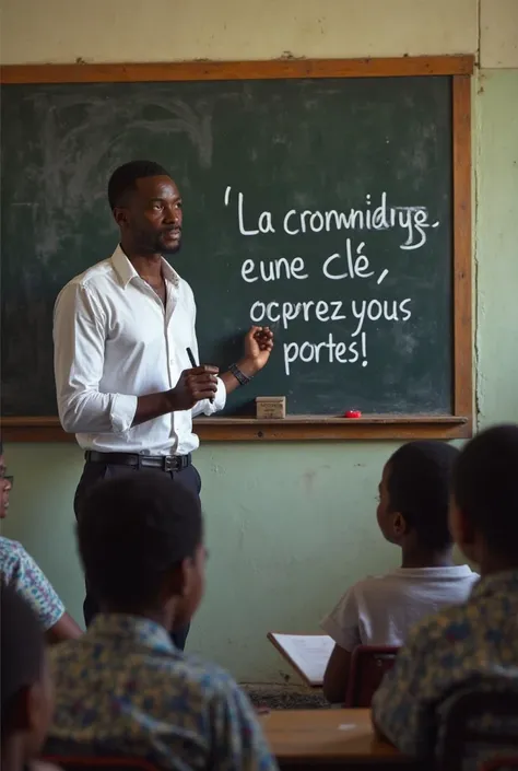 
[Scène 2 : Écriture au tableau]
(Plan rapproché : L'enseignant africain noir écrit une phrase motivante au tableau, les élèves le regardent.)


Prompt image 2 :
L’enseignant africain noir, toujours en chemise blanche et pantalon noir, écrit au tableau noi...