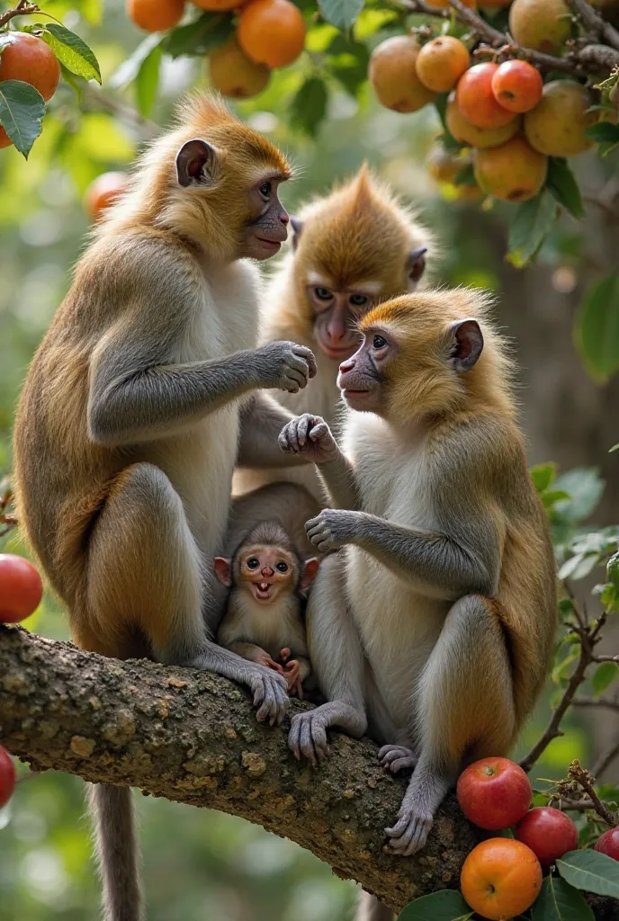 Un groupe de singes bien nourris et arrogants, perchés dans un arbre fruitier luxuriant, riant et pointant du doigt un petit singe maigre en bas. Les fruits abondent autour d'eux, contrastant avec la pauvreté du singe solitaire.