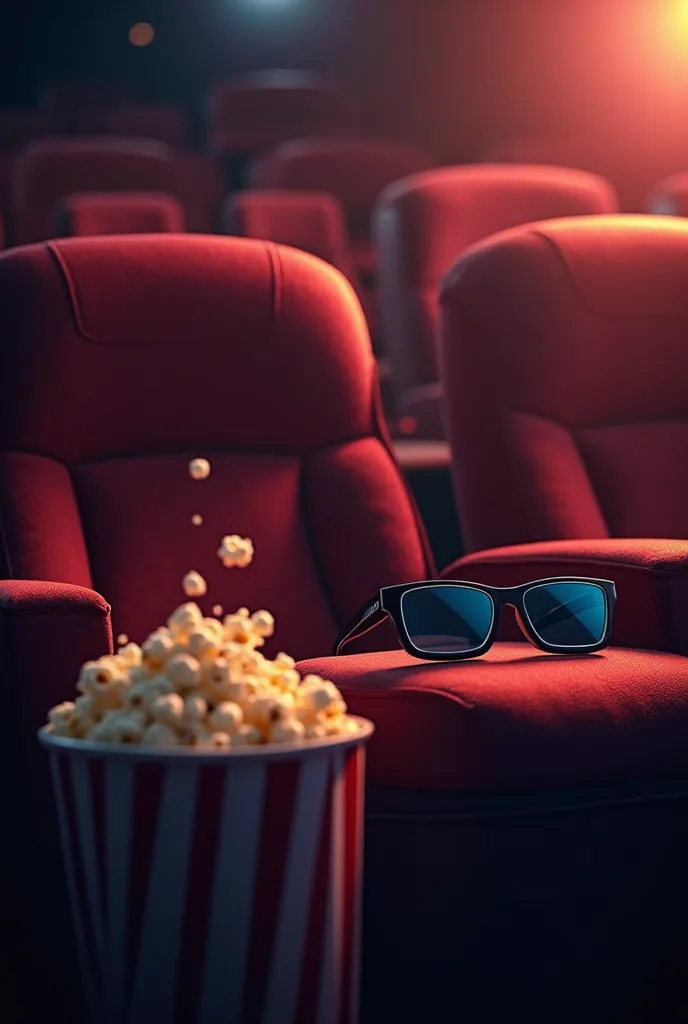 A movie theater seat with glasses and animated popcorn 
