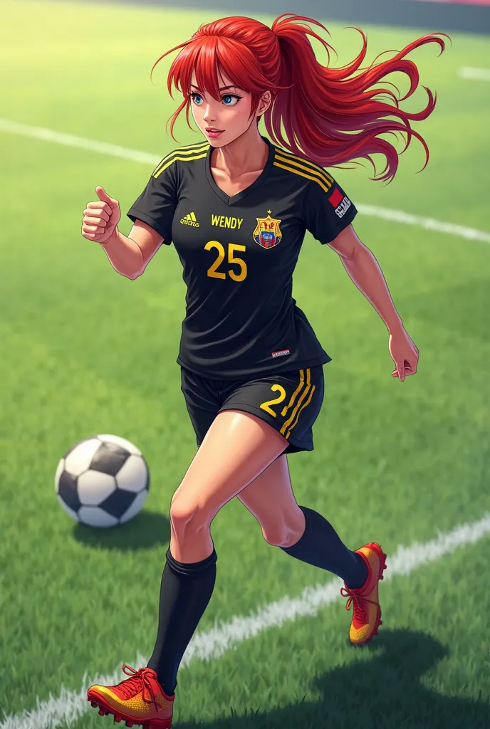 You can make a woman in anime with red hair and a black Colombian soccer uniform with the number 25 and the name of WENDY