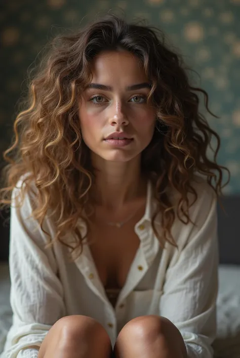 A brunette girl with curly hair sits with her legs stretched out, taking a realistic photo