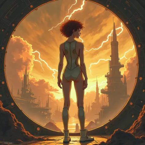 Cute woman with short curly auburn hair in a silver and gold jumpsuit standing in floating city staring out window, gold-brown toxic sulfur storm clouds and lightning on Venus. Gritty anime.  (Color ink drawing by Katsuhiro Otomo)
