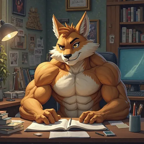 I need a furry art of a boy sitting at a desk. He will be a furry and also somewhat of a bodybuilder.