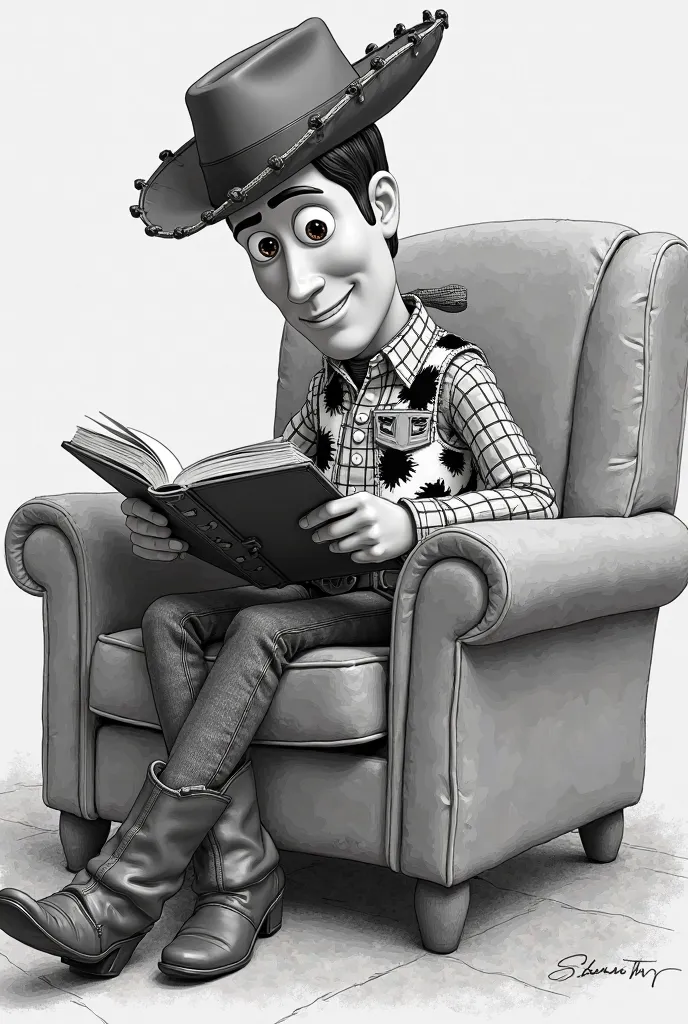 Make a simple black and white drawing of Woody from Toy Story reading a book 