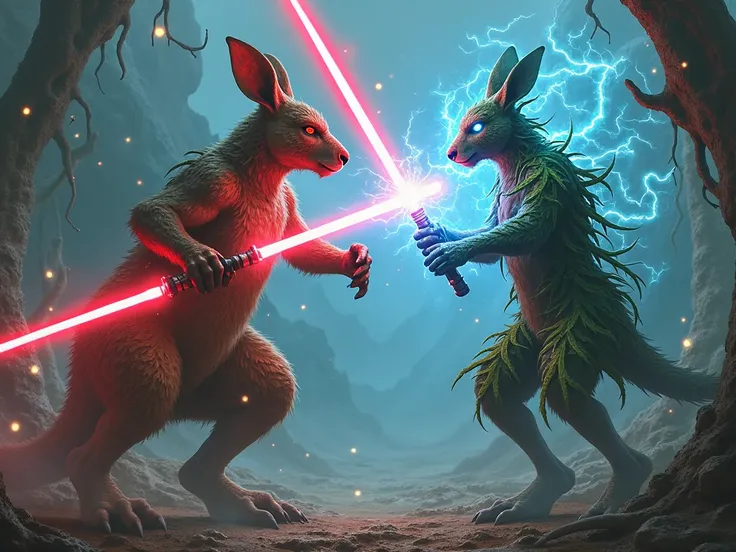 the sith kangoroo with red lightsaber and the eucalyptus leaf with hands and eyes with blue lightsaber prepares for the battle