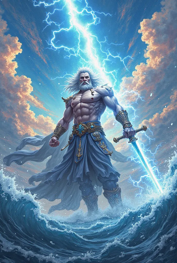  style in anime style. The God Susanus with a lightning sword, Cutting through the sky and the ocean 