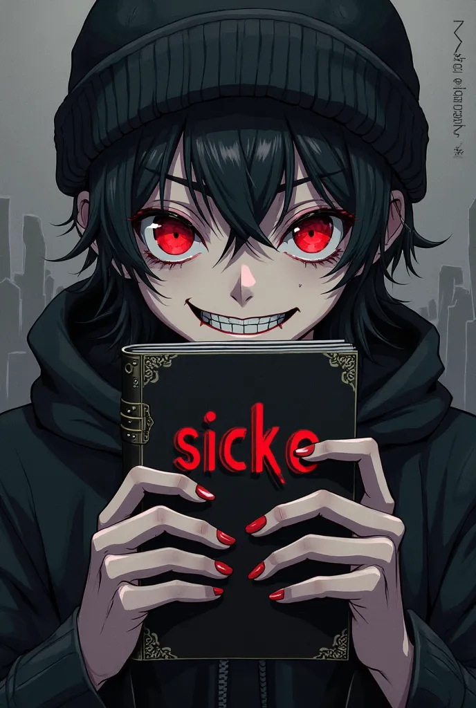 Anime-ish Emo/Goth man in a black hoodie with a black beanie holding a scary Diary that says “SICKO” on it with a sick smile and red eyes