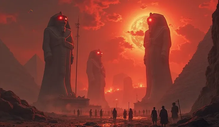 Generate an image of ancient Egypt under the reign of Set, the god of chaos. The once-thriving land is now shrouded in darkness, with a blood-red sky casting an eerie glow over the barren landscape. The Nile River, once a source of life, runs low, its wate...