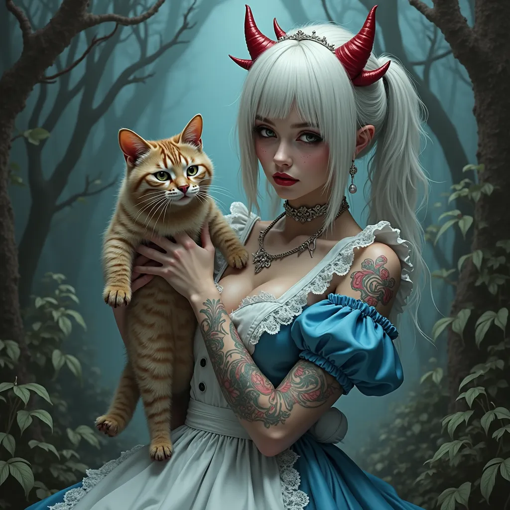 
Sexy Alice in Wonderland, with tattoo, white hair and red horns, with sexy little blue dress and a white apron,  holding magic cat 