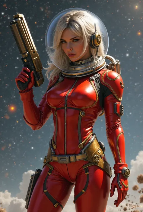 astronaut's weapon,  Woman, firearm, red clothes with gold details  