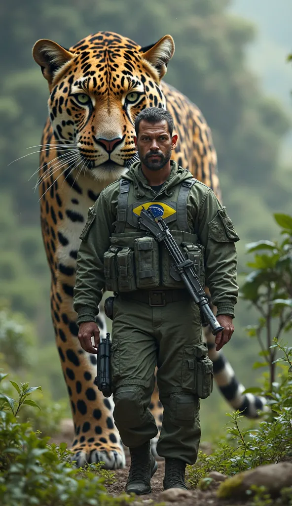 I want a photo of a Brazilian soldier dressed in tactical war uniform with the symbol of Brazil and behind him a giant jaguars walking together a cinematic theme 