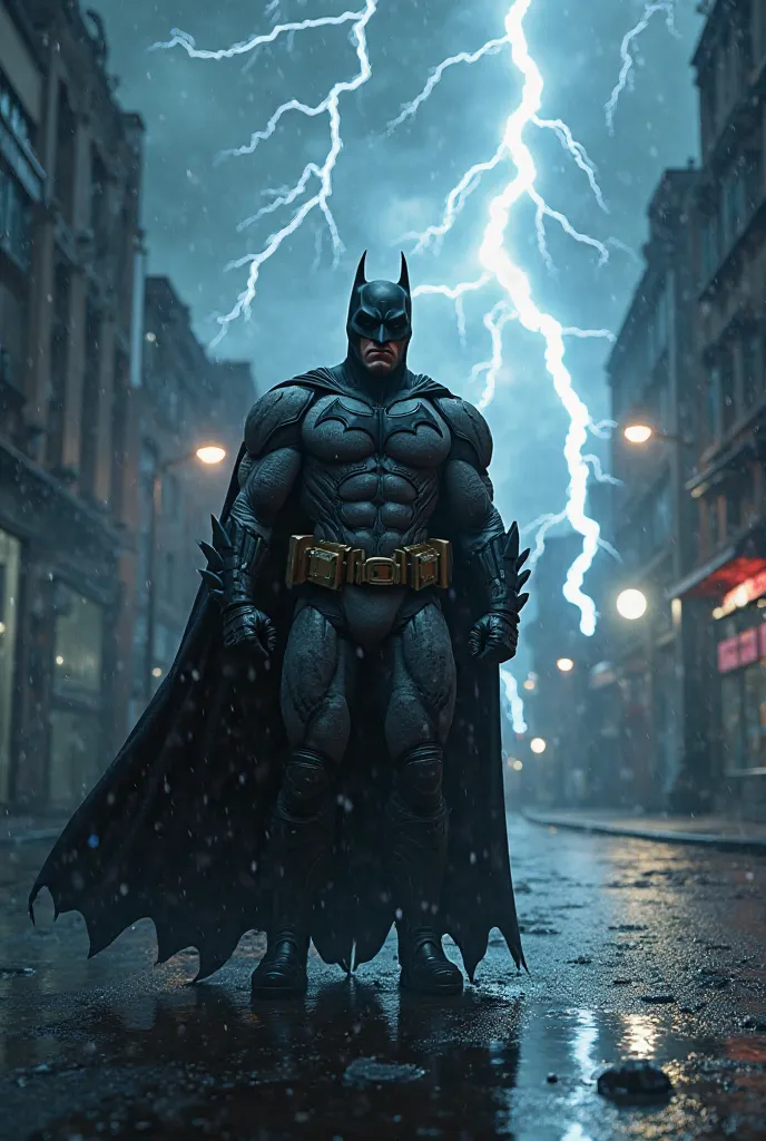 Ultra realistic detailed best quality image, Batman in the middle of lightning on a dark deserted street