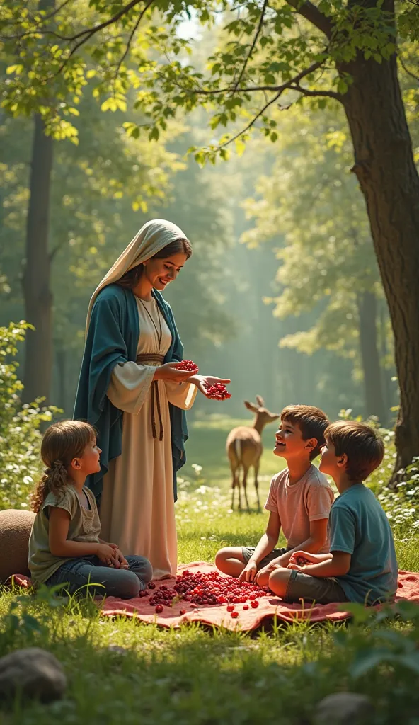 "Our Lady sharing a handful of ripe berries with a group of ren in a lush forest clearing, with dappled sunlight filtering through the trees. A deer nibbles grass nearby, and parents rest on a picnic blanket, smiling."