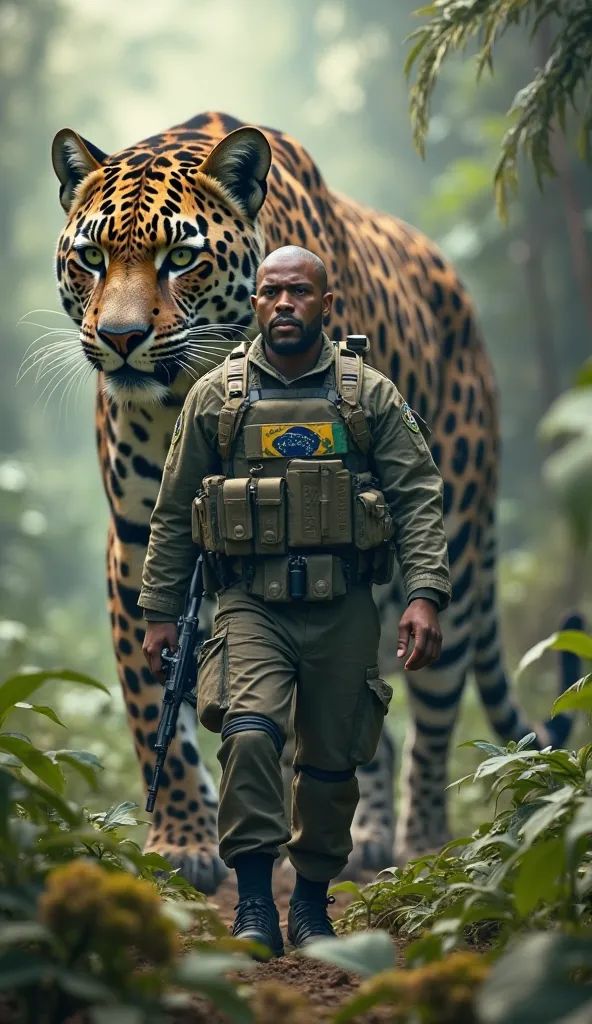 I want a photo of a Brazilian soldier dressed in tactical war uniform with the symbol of Brazil and behind him a giant jaguars walking together a cinematic theme 