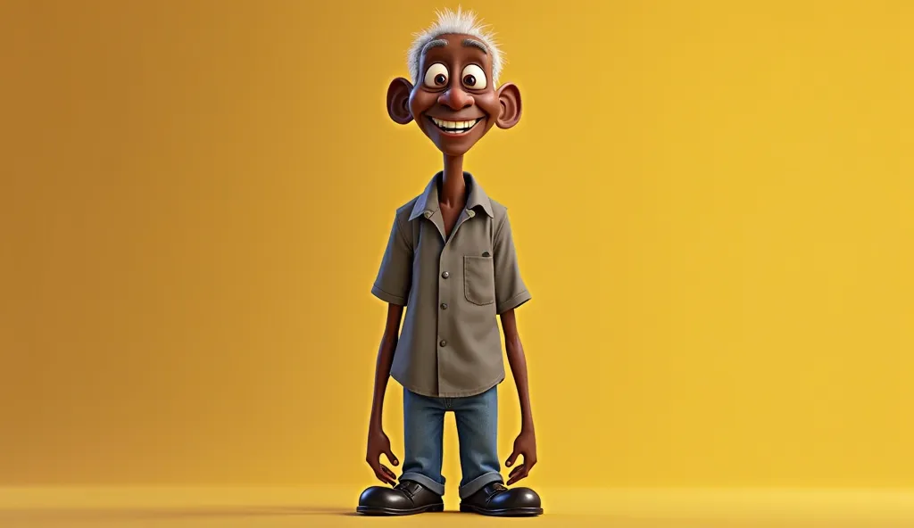 thin man, big head,already old,  black skin color ,without bald hair ,light brown eyes,  big smile,  Laughing, Mouth full lips, GREY DRESS SHIRT, blue jeans, shiny black shoe , Background with a taxi car and yellow American-style gradient,   front profile,...