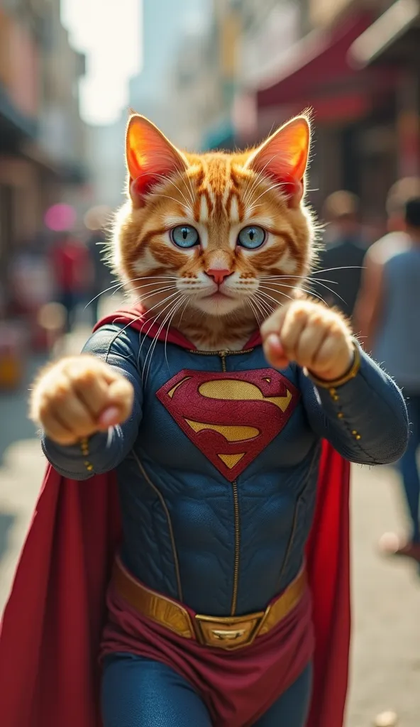 (photorealism:9.16), Make a picture of an orange cat, blue eyes, wear superman clothes, is doing a punching motion facing the camera, with the background of the market crowd, full body, wide, super realistic 8k images