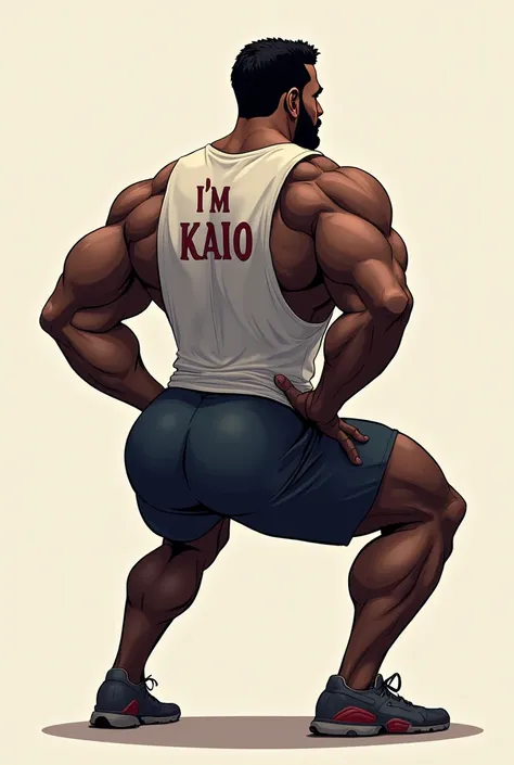 Make a black man do squats with a big butt and a shirt written "I'm Kaio"