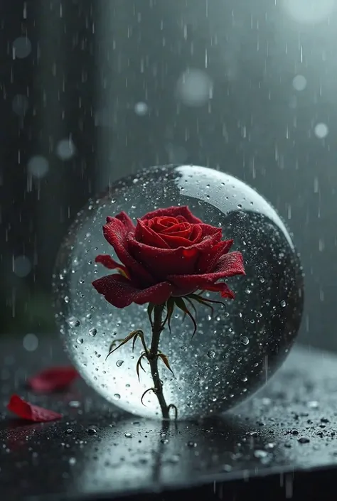 I want an image of a transparent marble showing a dark red rose on a dark, rainy background 