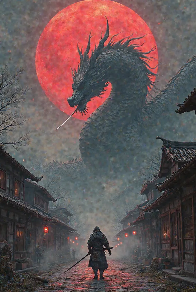 blood moon, fight, dragon, samurai, Japan, feudal, old villages