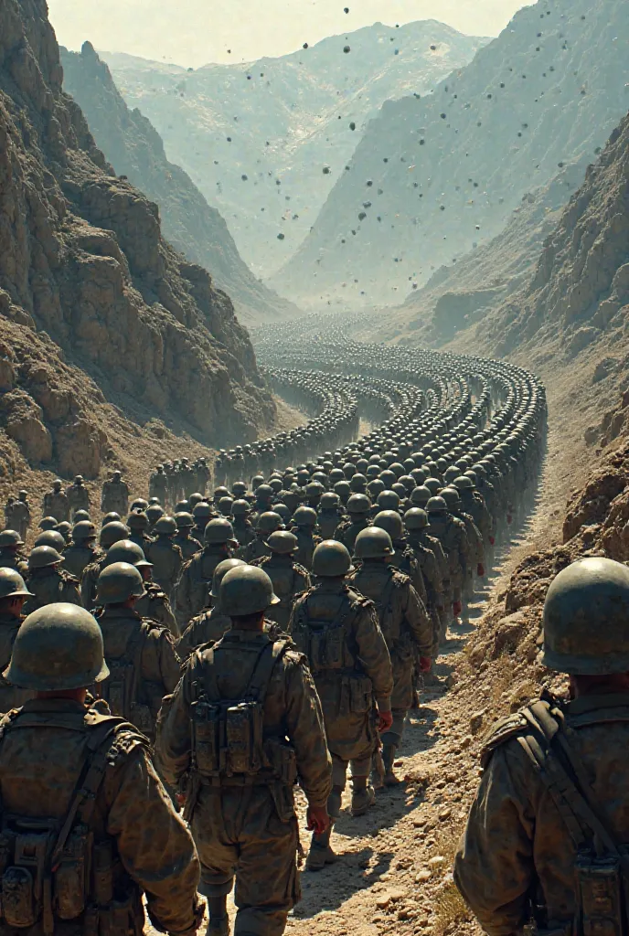 Create me an image of soldiers marching in formation at a higher point of view 