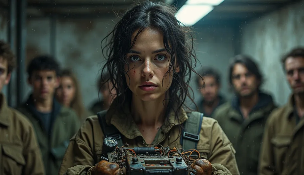 A determined female engineer in her 30s with wild, tangled dark hair and bloodshot eyes, dressed in a worn-out jumpsuit, stands in a dimly lit bunker. She holds a makeshift EMP device, a chaotic mess of wires, a car battery, and scrap metal. Her hands are ...