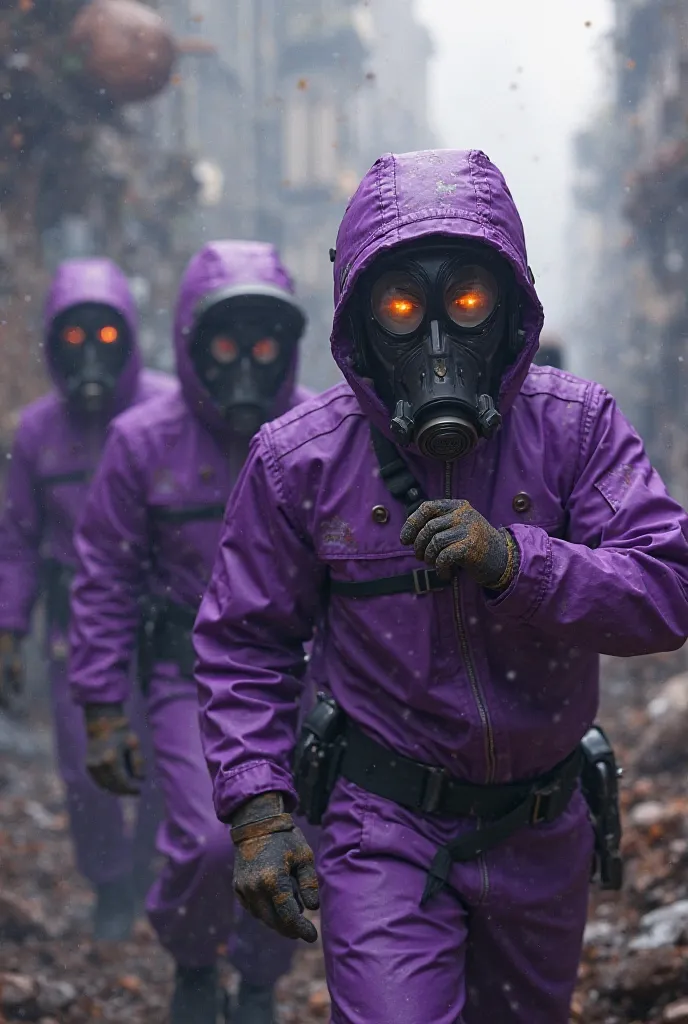 Rescuers wearing purple suits and face masks 