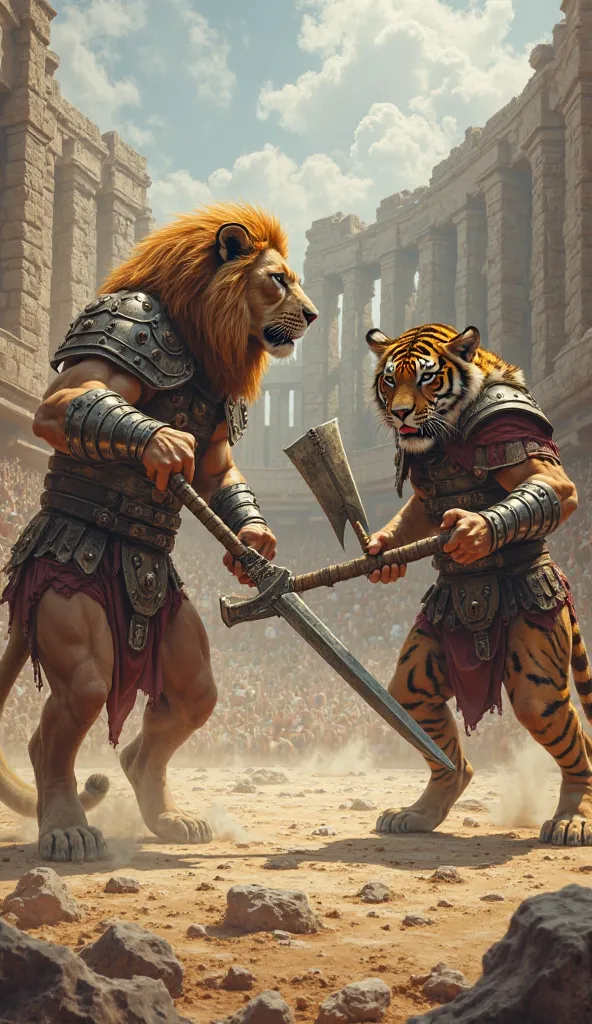 realistic lion in gladiator body with an sword and tiger in gladiator body with an axe preparing for battle against each other in arena