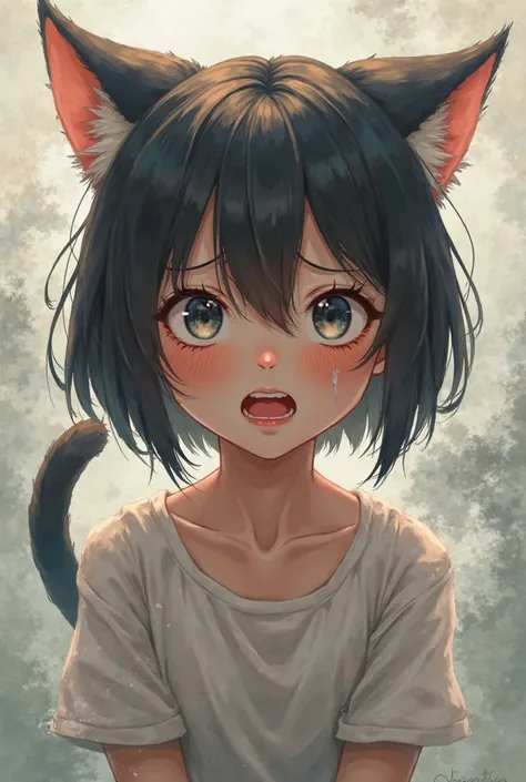 Cute anime girl who cries and is angry, with cat ears and a tail