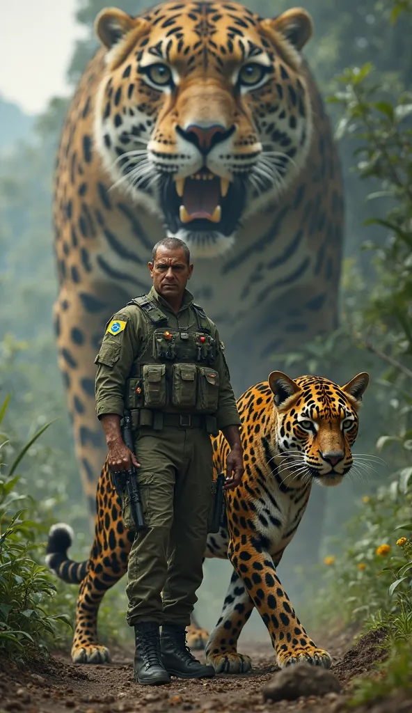 I want a photo of a Brazilian soldier dressed in tactical war uniform with the symbol of Brazil and behind him a giant jaguars walking together a cinematic theme 