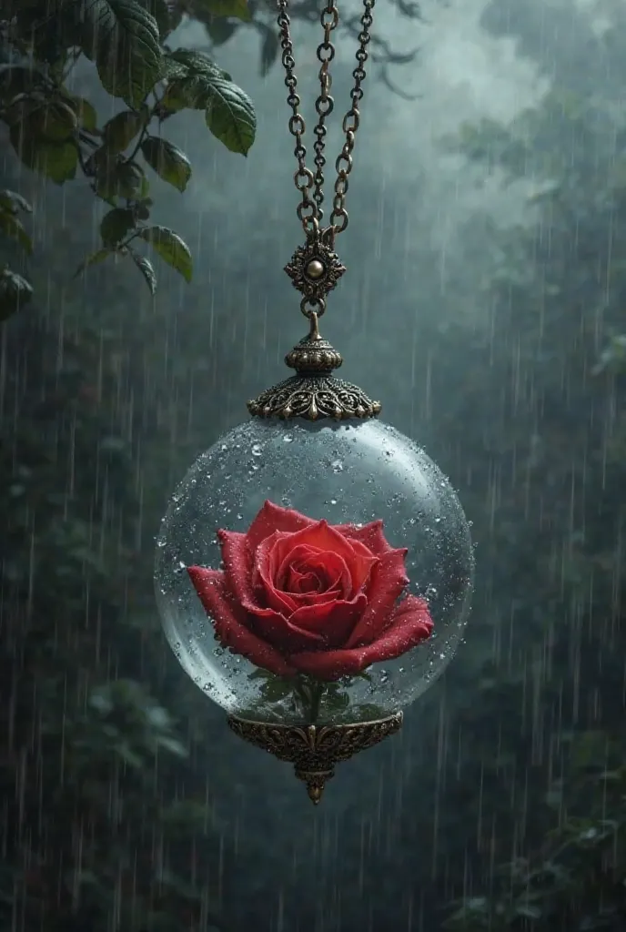 Create an image of an antique necklace on a dark, rainy background from which hangs a transparent sphere with a red rose inside 