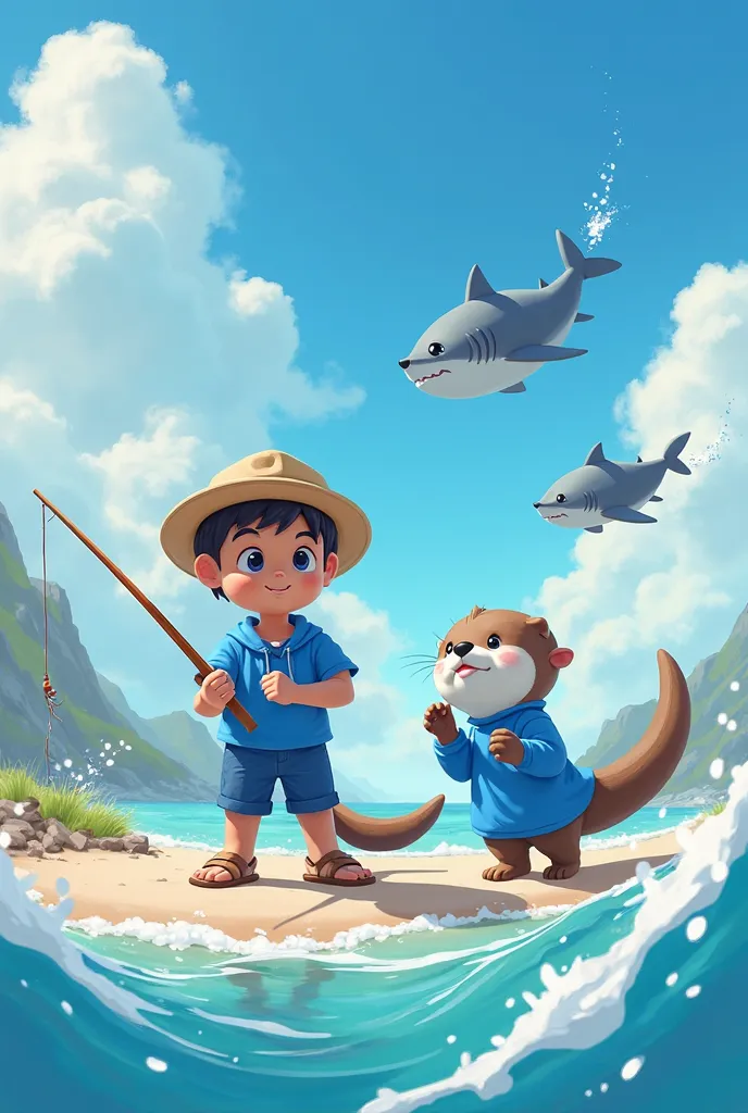 The player and the otter (blue clothes) in the sea fishing with the shark running around and just making the scenery look cute and alive?