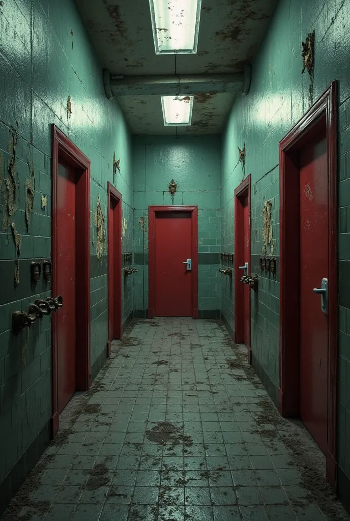 Antique school bathroom with several red doors and haunted look 