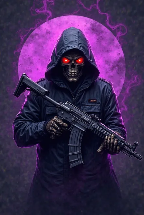 Make a gamer logo with a black plague holding an AK47, with purple theme smoke coming out in the shape of a drawing 