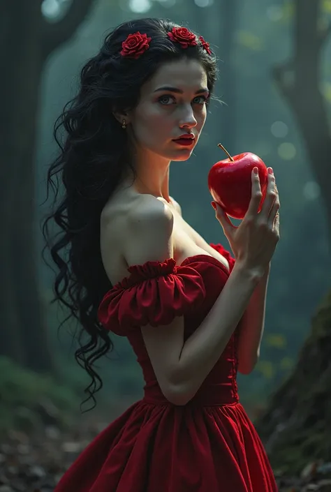 um close obra-prima, better quality, cinematographic photo , brett cooper ((Alone)), It's Snow White, ((snow-white skin)), ((BLACK HAIR AND SNOW WHITE)),  biting the enchanted red apple, ((movie poster style image)), ((Without mysterious black scenery)), l...