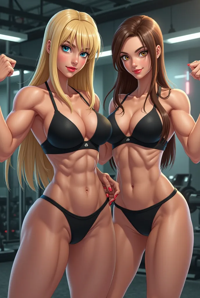 Make 2 trainers one blonde with straight hair and blue eyes , red lips, red nails in a black micro bikini , la otra piel blanca cabello lacio castaño red lips uñas rojas bikini negro que ambas que su cuerpo sea atlético y extremadamente musculoso ,  who ha...