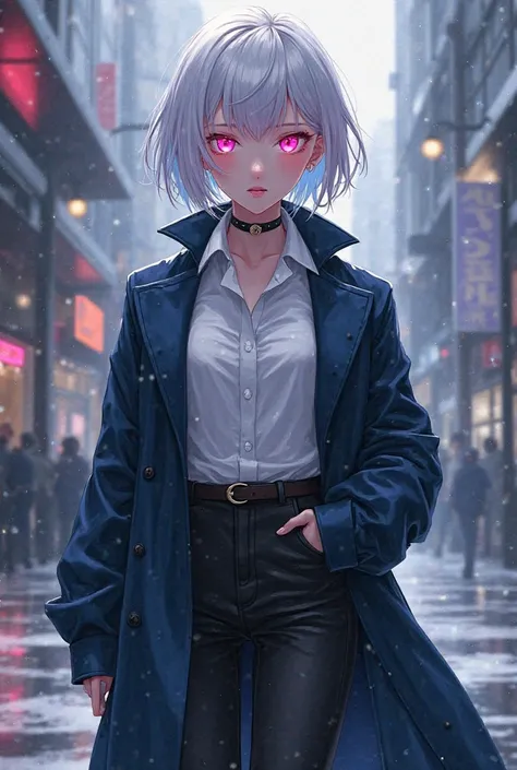 Make a female anime character with short white hair, pink eyes, white shirt underneath, dark blue coat over black pants and black sneakers.