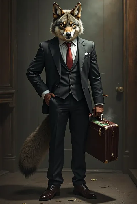 An anthropomorphic wolf with a confident posture, wearing an Italian designer suit, a silk tie and polished shoes. He holds a cigar in one hand and a suitcase full of money in the other. His eyes are calculating and astute, conveying the elegance and dange...